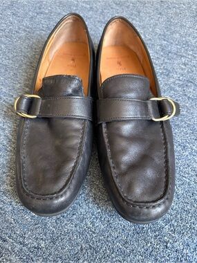 Polo by Ralph Lauren Black Leather Loafers with Gold Buckle Detail